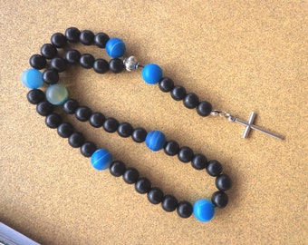 rosary, cylinder cross, wood beads, blue matte agate gems