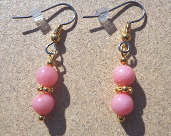 earrings, pink jade gems, gold plated beads, hypoallergenic