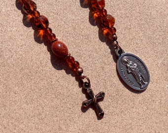 Archangel Raphael rosary, copper cross, medal, brown