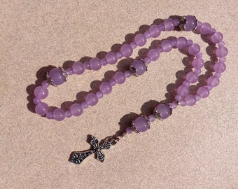 rosary, Christian, silver tone cross, lavender glass beads