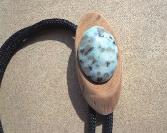 bolo tie, sesame jasper gemstone, on driftwood disk kiwi jasper