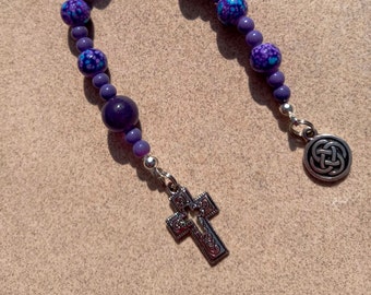 Anglican chaplet, silver cross, Celtic charm, purple beads