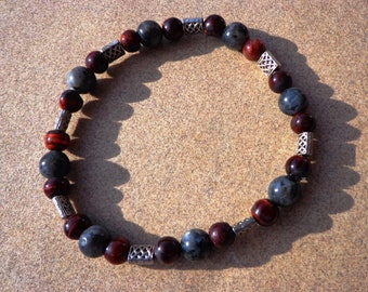 bracelet, labradorite and red tiger eye gemstones, stretch