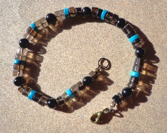 smoky quartz, turquoise and obsidian gemstones bracelet