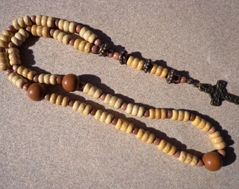 Christian rosary, antiqued brass Celtic cross, wood beads