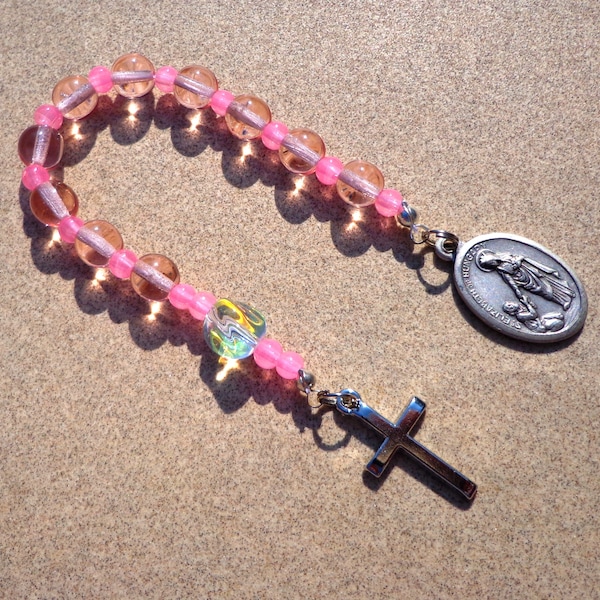 Saint Elizabeth of Hungary, one decade rosary, pink glass