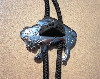 bolo tie, buffalo concho, black lava rock, shoestring tie