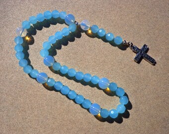 rosary, Lutheran, lattice cross, aqua and opalescent beads