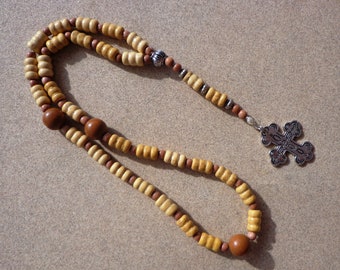 Christian rosary, stamped cross, wood, rustic