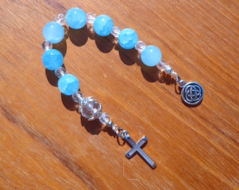 Anglican chaplet, silver cross and Celtic charm, blue beads