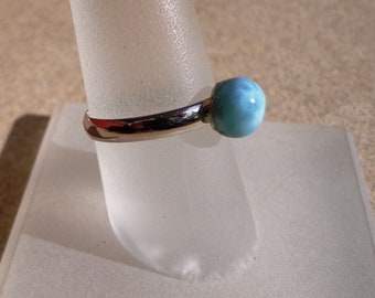 ring, larimar gemstone, adjustable, 7mm aqua blue cabochon