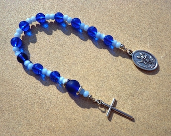 rosary, Saint Florian, silver cross and medal, blue glass