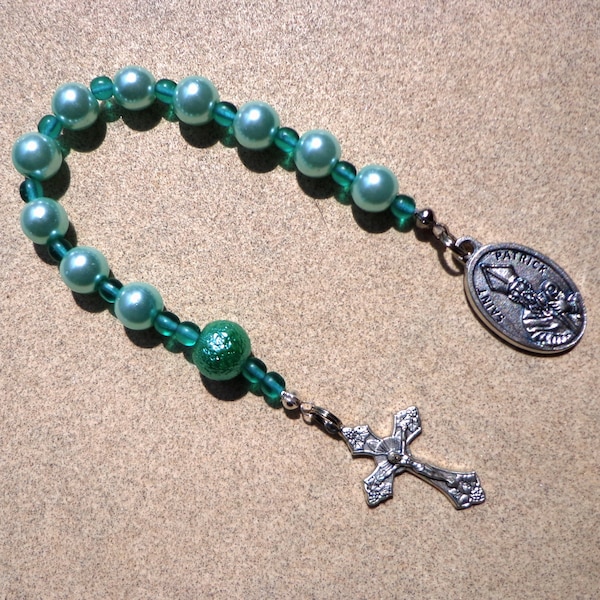 Saint Patrick rosary, silver tone Italian crucifix and medal