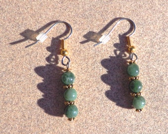 jade earrings, green gems, gold plated disks, hypoallergenic