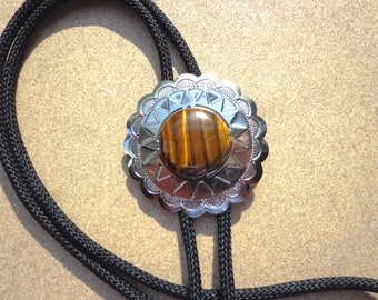 bolo tie, golden tiger eye gemstone, stamped concho, Western