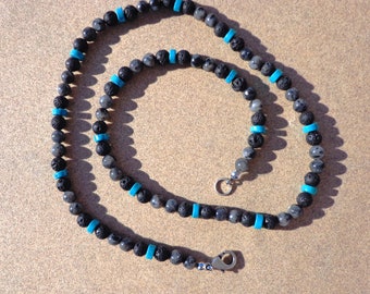 necklace, labradorite, lava and turquoise gemstones, 22 inch