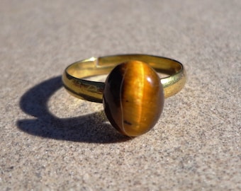 golden tiger eye gem ring, adjustable gold tone brass base