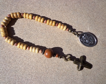 Archangel Michael rosary, antiqued brass cross, wood beads