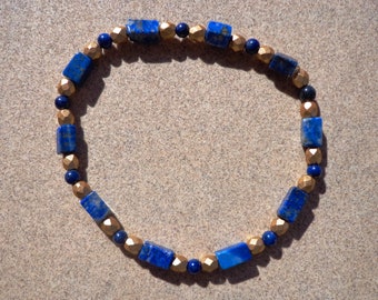 lapis lazuli bracelet, golden fire polished glass, stretch