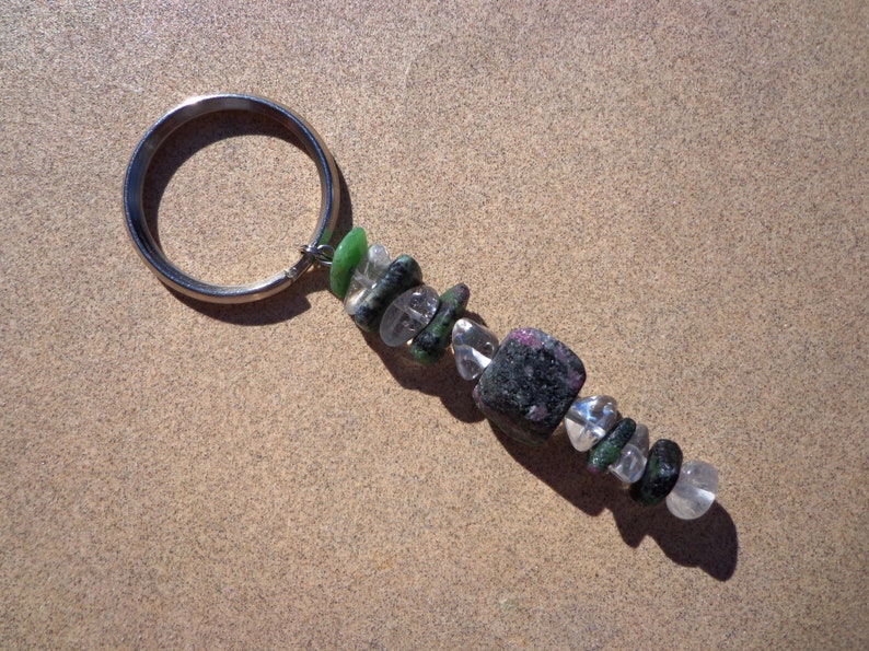20/% OFF SALE Gemstones and Clear Quartz Large Gemstone Chips on Split Ring Ruby Crystals in Green Zoisite Key Ring