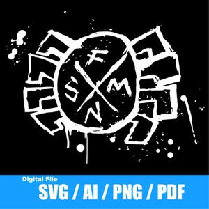 Könnte beinhalten: Schwarzweißes Grafikdesign eines Kreises mit einem Kreuz darin. Der Kreis hat die Buchstaben "S", "N", "M" und "F" um das Kreuz herum. Das Design ist von einem weißen, abstrakten Spritzmuster umgeben.