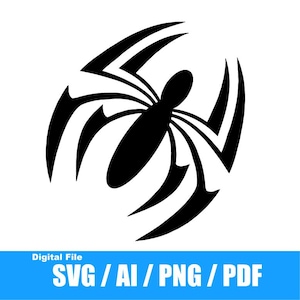 Puede incluir: Ilustración estilizada en blanco y negro de una araña con ocho patas. La araña tiene una forma circular con sus patas extendidas hacia afuera.