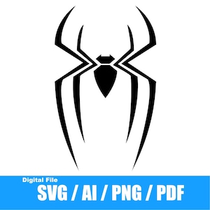 May include: A black and white spider emblem design. The image shows a stylized spider silhouette with eight legs and a central body. The text "Digital File" and "SVG / AI / PNG / PDF" are at the bottom.