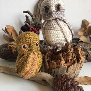 May include: Two crocheted owl figurines, one brown and one white, perched on a piece of driftwood with a pine cone.