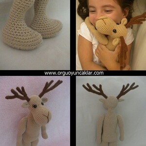 May include: A crocheted reindeer toy with brown antlers. The toy is beige and has black eyes. The toy is shown in two different poses, standing and lying down. The toy is made by the company "orgugoyuncaklar.com".