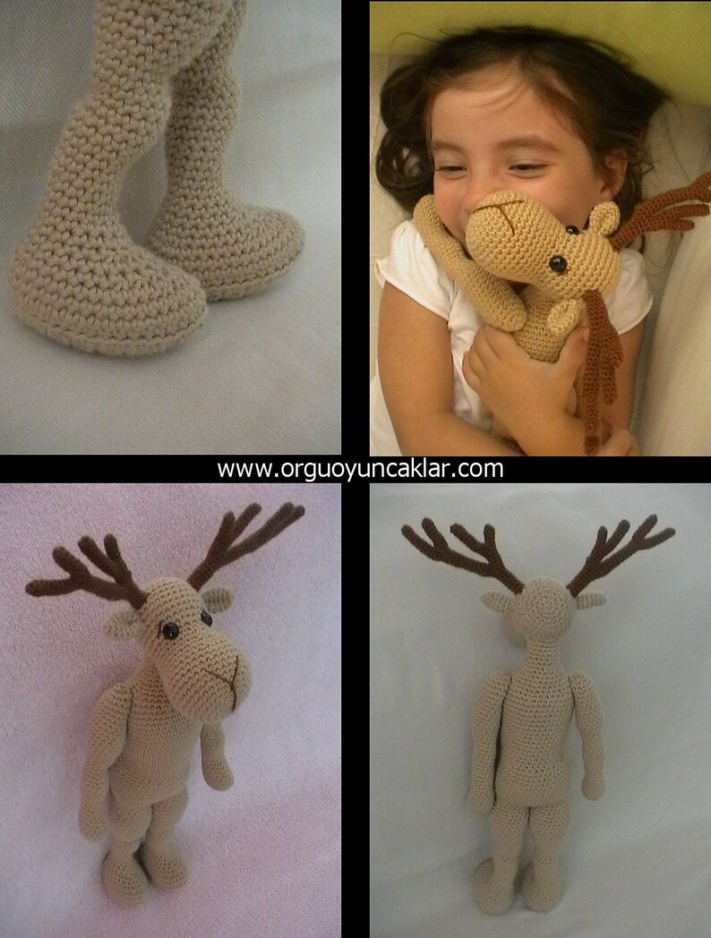May include: A crocheted reindeer toy with brown antlers. The toy is beige and has black eyes. The toy is shown in two different poses, standing and lying down. The toy is made by the company "orgugoyuncaklar.com".
