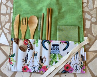 Southwest Collection, Washable Cutlery Wrap, Travel Cutlery Pouch, Utensil Pouch, Cowgirl Boots