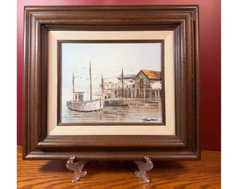 Vintage peinture à l'huile signée Thompson scène du port bateaux de pêche encadré 8 x 10
