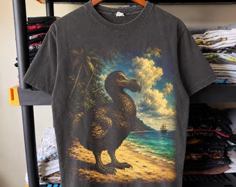 熱帯の島の海岸にいるドードー鳥のハーフトーンPNGデザイン｜黒のTシャツ｜DTF転写｜デジタルダウンロード｜16 x 20インチ、300 DPI