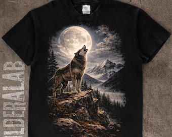 Lone Wolf Moonlight Mountain halftoon png-ontwerp | zwart T-shirt | Dtf-overdracht | Digitale download | 16 x 20 in 300 dpi