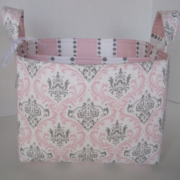 Ex-Large Pink/Gray/White Damask Fabric Organizer Basket with  Divider