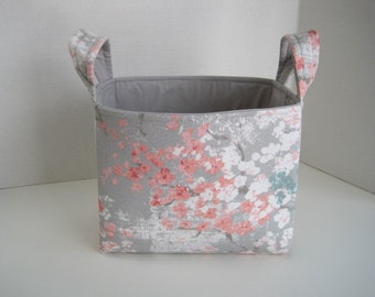 Large Gray and Peach Floral Fabric Basket