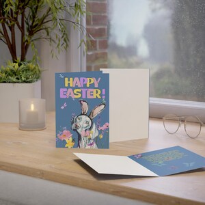 Cartes de voeux, illustration de chien dans des oreilles de lapin, fleurs de printemps, 1, 10, 30, 50 pièces, cadeau réconfortant, art animalier ludique, fleurs vives