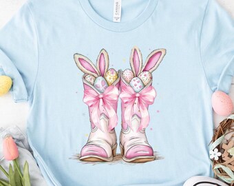 Howdy Easter Bunny Shirt, Easter Bunny Boots Shirt, Western Easter Shirt, Coquette Bow Boots, Easter Egg Woman Tee, Easter Girl Tee