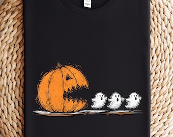 Halloween Pumpkin Eat Ghost Shirt, Funny Halloween Shirt, Halloween Gamer Gift, Halloween Party Tee, Pumpkin Pac Man Shirt, Spooky Ghost Tee