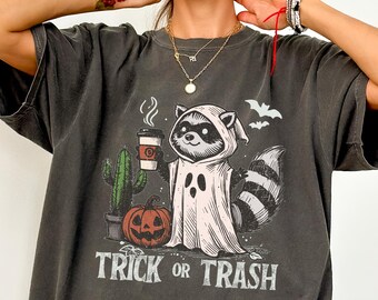 Comfort Colors® Halloween Trick or Trash Raccoon Shirt, Raccoon Halloween T-Shirt, Trash Raccoon Trick Or Treat Tee, Graphic Halloween Shirt