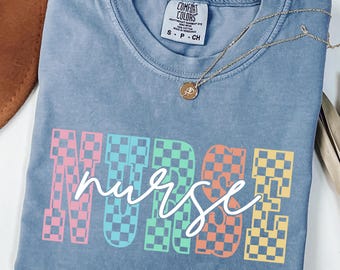Comfort Colors® Nurse Shirt, Retro Checkered Nurse Shirt, Pastel Nurse Shirt, Registered Nurse Tee, Nurse Life Shirt, Cute Nurse T-Shirt