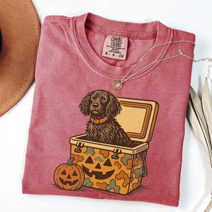 May include: A maroon Comfort Colors t-shirt featuring a dog inside a cooler with a jack-o'-lantern design. The dog has brown fur and is wearing a collar. A pumpkin is next to the cooler. A silver necklace is on the shirt.