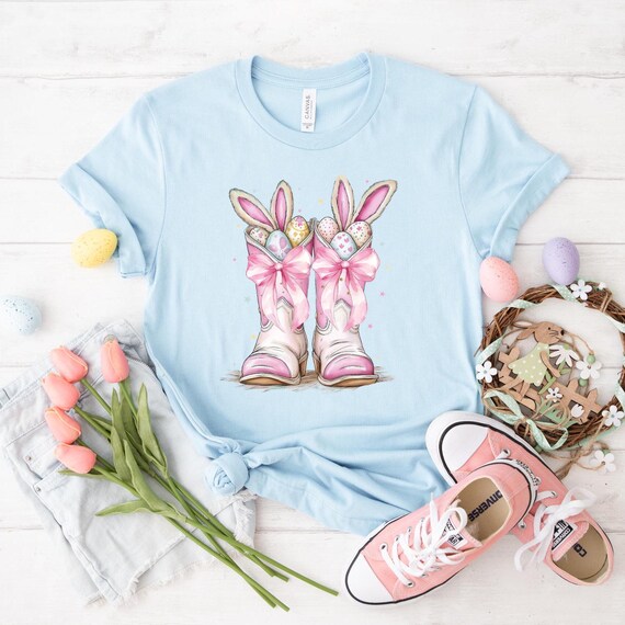 Howdy Easter Bunny Shirt, Easter Bunny Boots Shirt, Western Easter Shirt, Coquette Bow Boots, Easter Egg Woman Tee, Easter Girl Tee