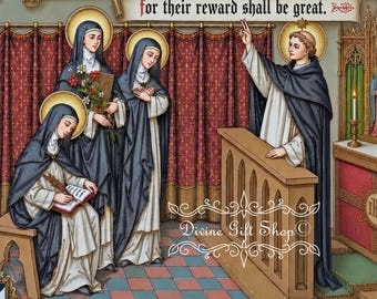 May include: A religious print featuring Saint Dominic teaching Blessed Cecilia, Diana, and Amata. The text reads: Blessed are those who walk in purity and truth, for their reward shall be great. St Dominic teaches Blessed Cecilia, Diana, and Amata.