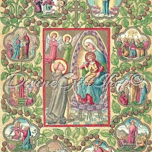 15 Mysteries of The Rosary Icon Print | Beautiful Image with Saint Dominic & Our Lady | Our Lady of the Rosary | Catholic Artwork