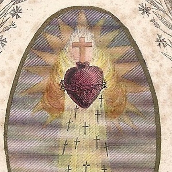 Antique "Jesus Our Doctor" Beautiful Old French Holy Card of The Sacred Heart Healing the Christian Heart with mini Crosses.