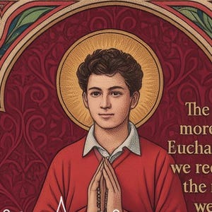 Peut inclure: Illustration de Saint Carlo Acutis, un jeune homme en pull rouge et jean bleu, avec un halo. L'image comprend le texte de Divine Gift Shop et une citation sur l'Eucharistie. Le fond est un motif rouge décoratif.