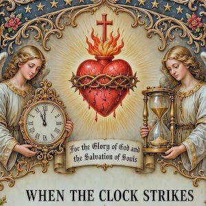 May include: A religious poster featuring the Sacred Heart of Jesus, a crucifix, and various saints including St. Joseph and St. Benedict. The text reads: When the clock strikes, Most sweet Jesus, I commend to thy Divine Heart, and Redeeming the Time.