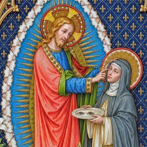 May include: A religious artwork depicting St. Lucia of Castile, Widow O.P.N. The image features two figures in ornate robes, set against a blue background with gold accents. The artwork includes floral and decorative elements.