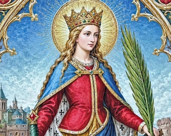 Könnte beinhalten: Detaillierte Illustration der Heiligen Katharina von Alexandrien, mit Krone, Schwert und Palmzweig. Sie steht vor einem Rad und einer schlafenden Figur. Das Bild zeigt eine Burg im Hintergrund und den Text "St. Catherine of Alexandria O.P.N."